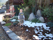 Hunter in front of our hotel.