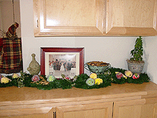 Hallway with garland and beaded fruit.